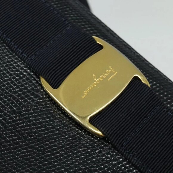 Salvatore Ferragamo Tote Bag Leather Embossed Navy Gold Auth - Picture 8 of 16